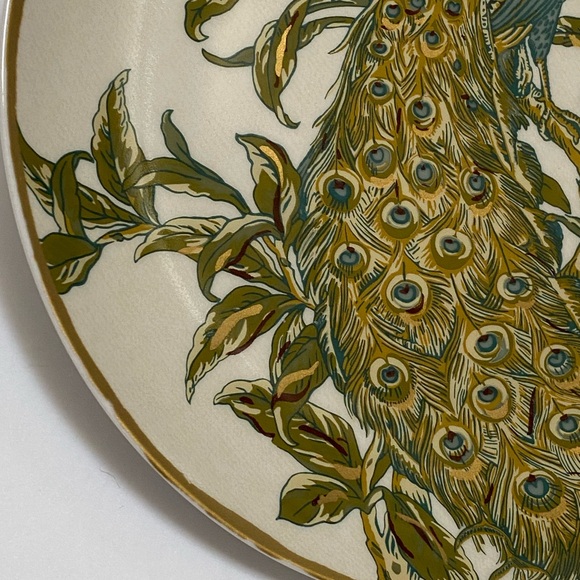 Pottery Barn Peacock Plates 9.5" Art Nouveau Ceramic Green Teal Gold White - Picture 10 of 13